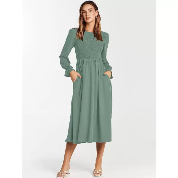 imageANRABESS Womens Casual Crew Neck Long Puff Sleeve Smocked High Waist Flowy Midi DressLight Blue