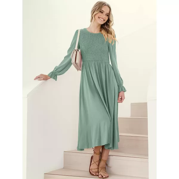 imageANRABESS Womens Casual Crew Neck Long Puff Sleeve Smocked High Waist Flowy Midi DressLight Blue