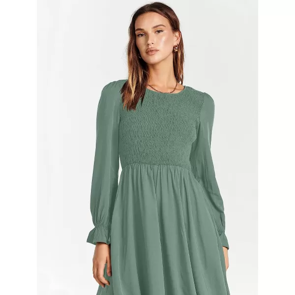 imageANRABESS Womens Casual Crew Neck Long Puff Sleeve Smocked High Waist Flowy Midi DressLight Blue