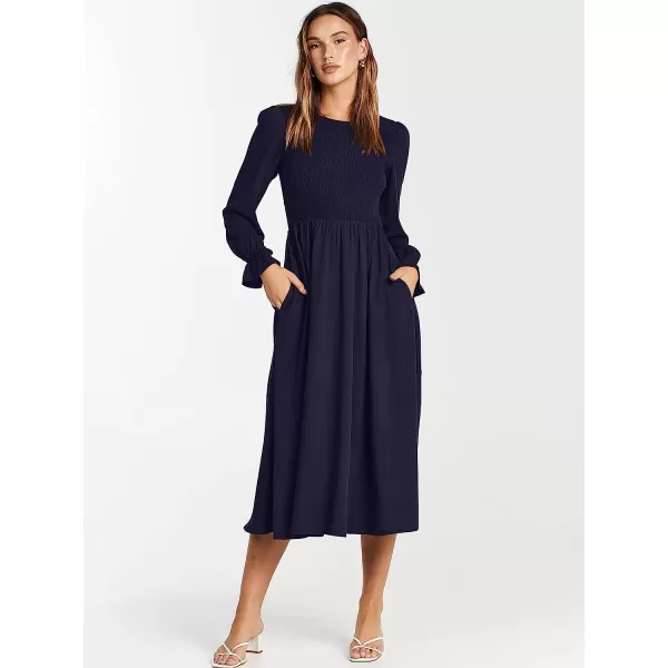 imageANRABESS Womens Casual Crew Neck Long Puff Sleeve Smocked High Waist Flowy Midi DressNavy Blue