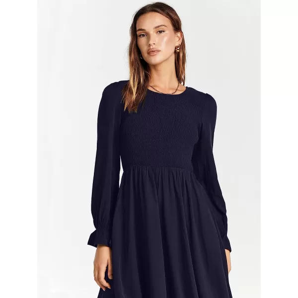 imageANRABESS Womens Casual Crew Neck Long Puff Sleeve Smocked High Waist Flowy Midi DressNavy Blue