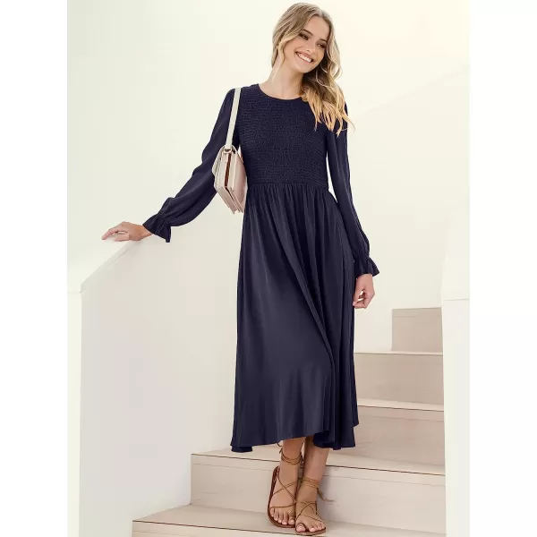 imageANRABESS Womens Casual Crew Neck Long Puff Sleeve Smocked High Waist Flowy Midi DressNavy Blue
