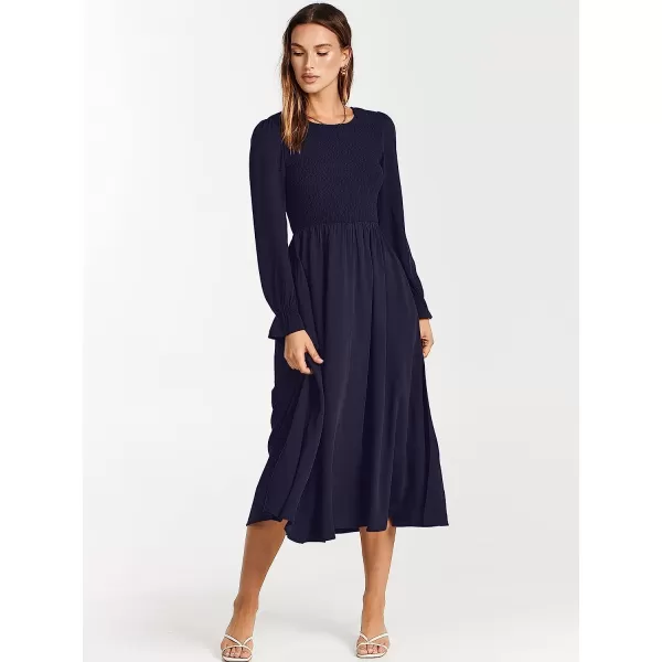 imageANRABESS Womens Casual Crew Neck Long Puff Sleeve Smocked High Waist Flowy Midi DressNavy Blue