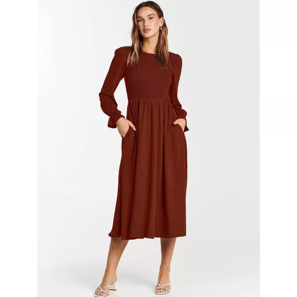 imageANRABESS Womens Casual Crew Neck Long Puff Sleeve Smocked High Waist Flowy Midi DressRust Red