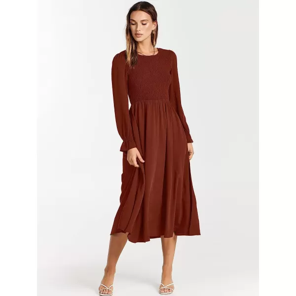 imageANRABESS Womens Casual Crew Neck Long Puff Sleeve Smocked High Waist Flowy Midi DressRust Red