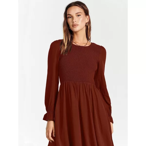imageANRABESS Womens Casual Crew Neck Long Puff Sleeve Smocked High Waist Flowy Midi DressRust Red