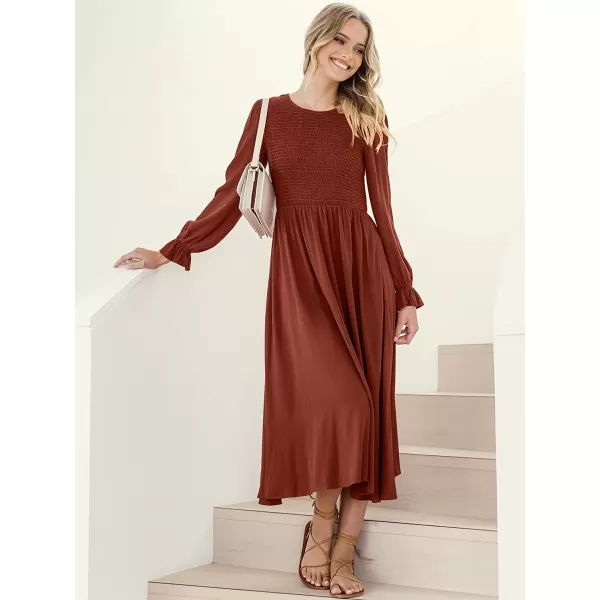 imageANRABESS Womens Casual Crew Neck Long Puff Sleeve Smocked High Waist Flowy Midi DressRust Red
