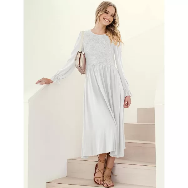 imageANRABESS Womens Casual Crew Neck Long Puff Sleeve Smocked High Waist Flowy Midi DressWhite