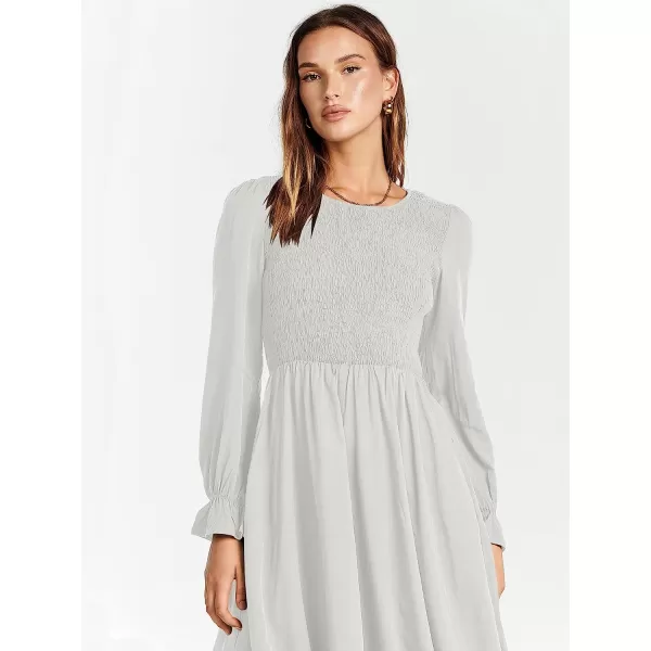 imageANRABESS Womens Casual Crew Neck Long Puff Sleeve Smocked High Waist Flowy Midi DressWhite