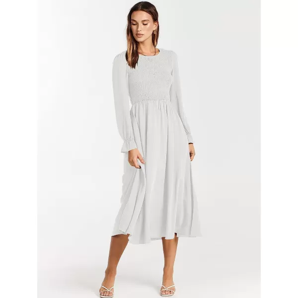 imageANRABESS Womens Casual Crew Neck Long Puff Sleeve Smocked High Waist Flowy Midi DressWhite