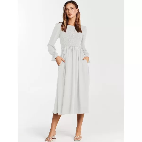 imageANRABESS Womens Casual Crew Neck Long Puff Sleeve Smocked High Waist Flowy Midi DressWhite