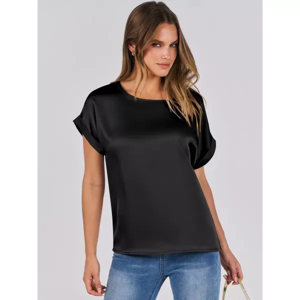 imageANRABESS Womens Casual Crewneck Short Sleeve Satin Blouses Shirts Dressy Solid Business Tunic TopsBlack