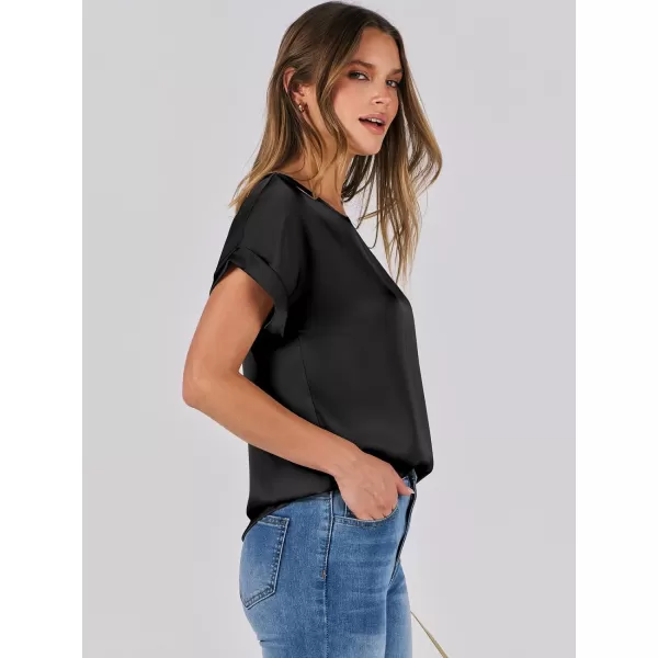 imageANRABESS Womens Casual Crewneck Short Sleeve Satin Blouses Shirts Dressy Solid Business Tunic TopsBlack