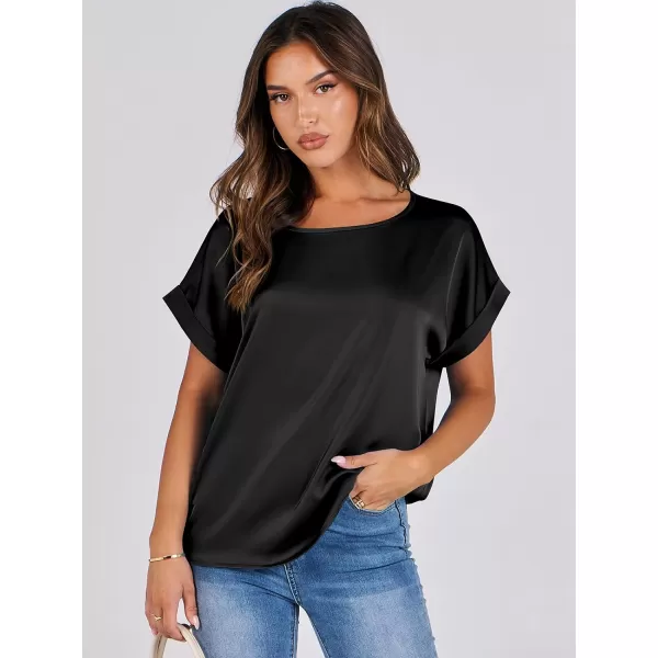 imageANRABESS Womens Casual Crewneck Short Sleeve Satin Blouses Shirts Dressy Solid Business Tunic TopsBlack