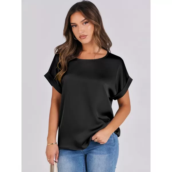 imageANRABESS Womens Casual Crewneck Short Sleeve Satin Blouses Shirts Dressy Solid Business Tunic TopsBlack