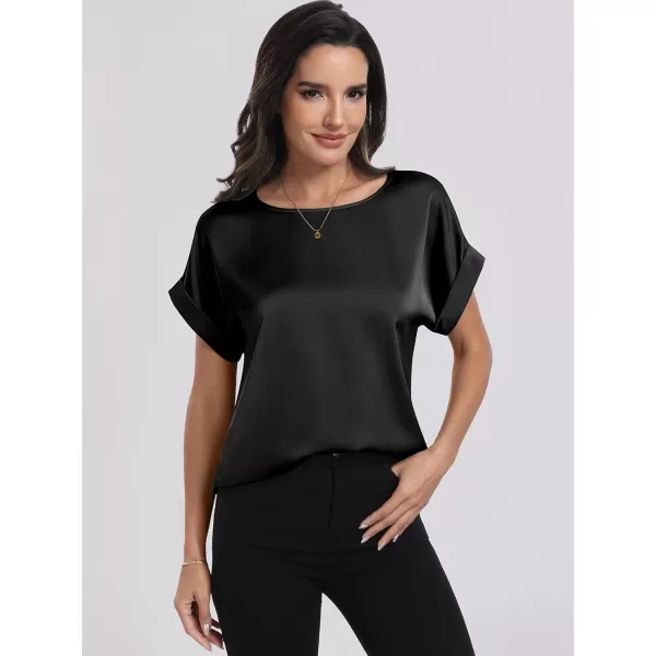 imageANRABESS Womens Casual Crewneck Short Sleeve Satin Blouses Shirts Dressy Solid Business Tunic TopsBlack