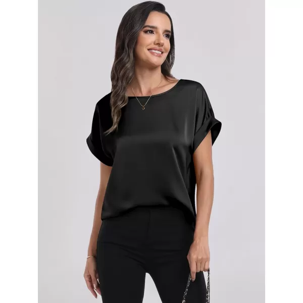 imageANRABESS Womens Casual Crewneck Short Sleeve Satin Blouses Shirts Dressy Solid Business Tunic TopsBlack