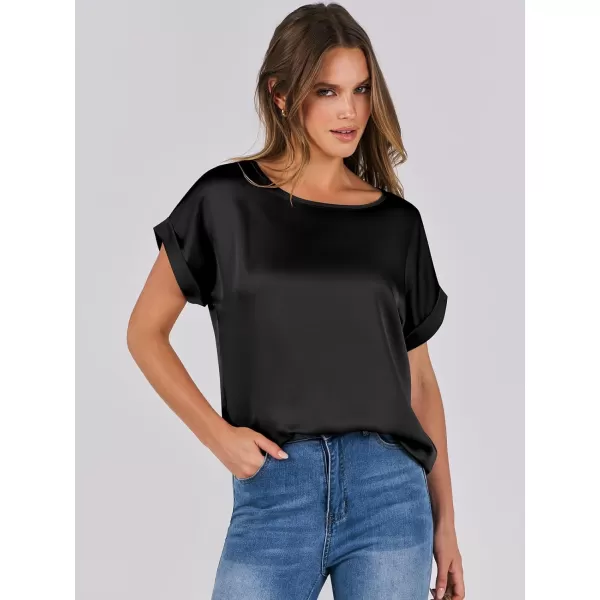 imageANRABESS Womens Casual Crewneck Short Sleeve Satin Blouses Shirts Dressy Solid Business Tunic TopsBlack
