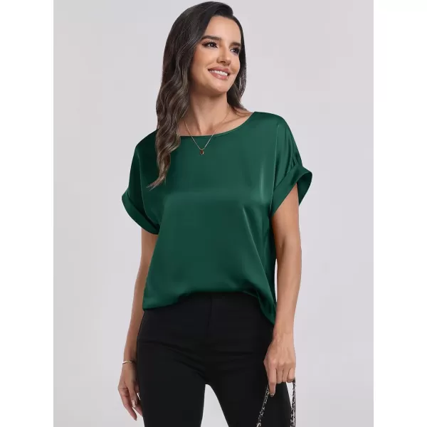 imageANRABESS Womens Casual Crewneck Short Sleeve Satin Blouses Shirts Dressy Solid Business Tunic TopsGreen