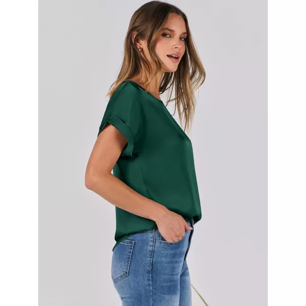 imageANRABESS Womens Casual Crewneck Short Sleeve Satin Blouses Shirts Dressy Solid Business Tunic TopsGreen