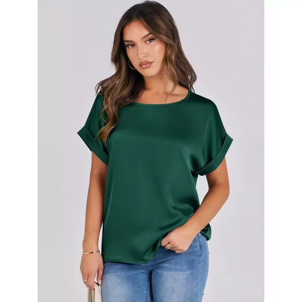 imageANRABESS Womens Casual Crewneck Short Sleeve Satin Blouses Shirts Dressy Solid Business Tunic TopsGreen