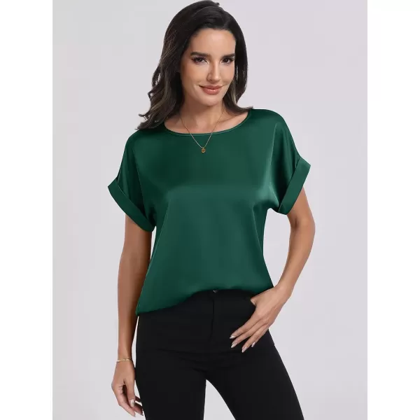 imageANRABESS Womens Casual Crewneck Short Sleeve Satin Blouses Shirts Dressy Solid Business Tunic TopsGreen