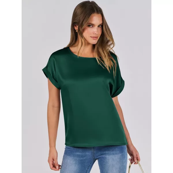 imageANRABESS Womens Casual Crewneck Short Sleeve Satin Blouses Shirts Dressy Solid Business Tunic TopsGreen