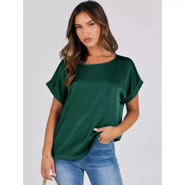imageANRABESS Womens Casual Crewneck Short Sleeve Satin Blouses Shirts Dressy Solid Business Tunic TopsGreen