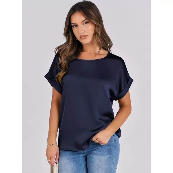 imageANRABESS Womens Casual Crewneck Short Sleeve Satin Blouses Shirts Dressy Solid Business Tunic TopsNavy Blue