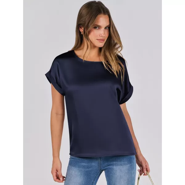 imageANRABESS Womens Casual Crewneck Short Sleeve Satin Blouses Shirts Dressy Solid Business Tunic TopsNavy Blue