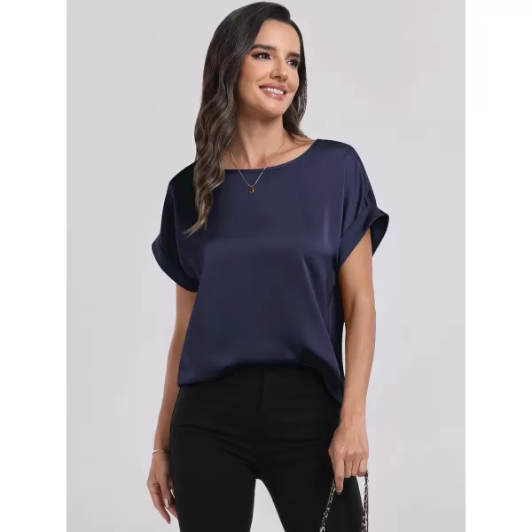 imageANRABESS Womens Casual Crewneck Short Sleeve Satin Blouses Shirts Dressy Solid Business Tunic TopsNavy Blue