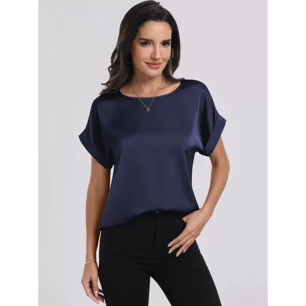 imageANRABESS Womens Casual Crewneck Short Sleeve Satin Blouses Shirts Dressy Solid Business Tunic TopsNavy Blue