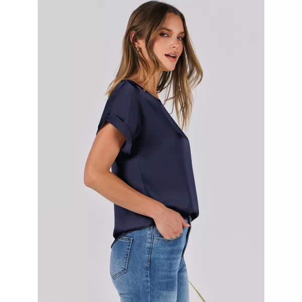 imageANRABESS Womens Casual Crewneck Short Sleeve Satin Blouses Shirts Dressy Solid Business Tunic TopsNavy Blue