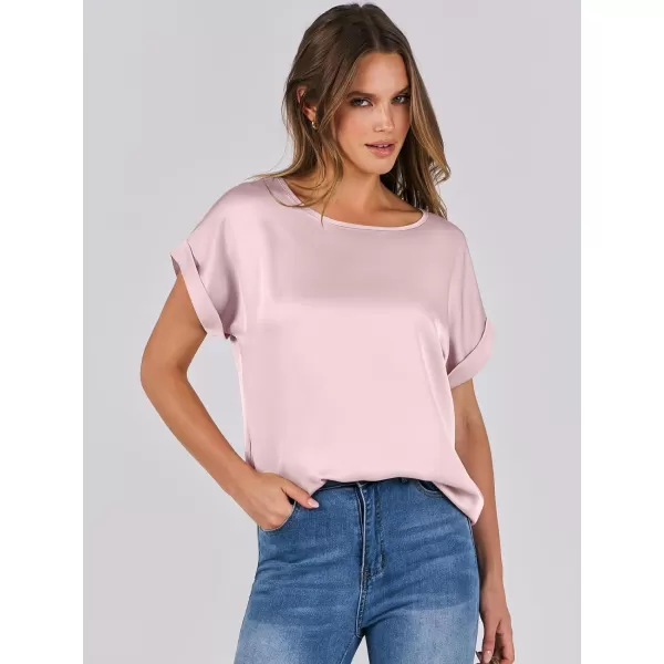 imageANRABESS Womens Casual Crewneck Short Sleeve Satin Blouses Shirts Dressy Solid Business Tunic TopsPink
