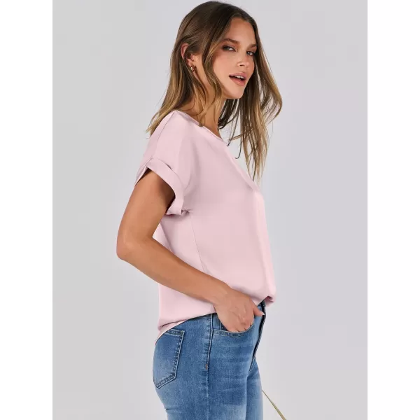 imageANRABESS Womens Casual Crewneck Short Sleeve Satin Blouses Shirts Dressy Solid Business Tunic TopsPink