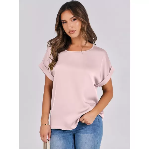 imageANRABESS Womens Casual Crewneck Short Sleeve Satin Blouses Shirts Dressy Solid Business Tunic TopsPink