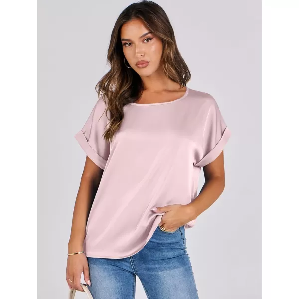 imageANRABESS Womens Casual Crewneck Short Sleeve Satin Blouses Shirts Dressy Solid Business Tunic TopsPink