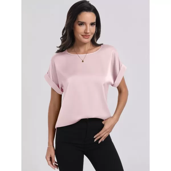 imageANRABESS Womens Casual Crewneck Short Sleeve Satin Blouses Shirts Dressy Solid Business Tunic TopsPink