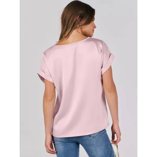 imageANRABESS Womens Casual Crewneck Short Sleeve Satin Blouses Shirts Dressy Solid Business Tunic TopsPink