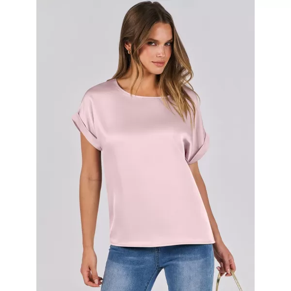 imageANRABESS Womens Casual Crewneck Short Sleeve Satin Blouses Shirts Dressy Solid Business Tunic TopsPink