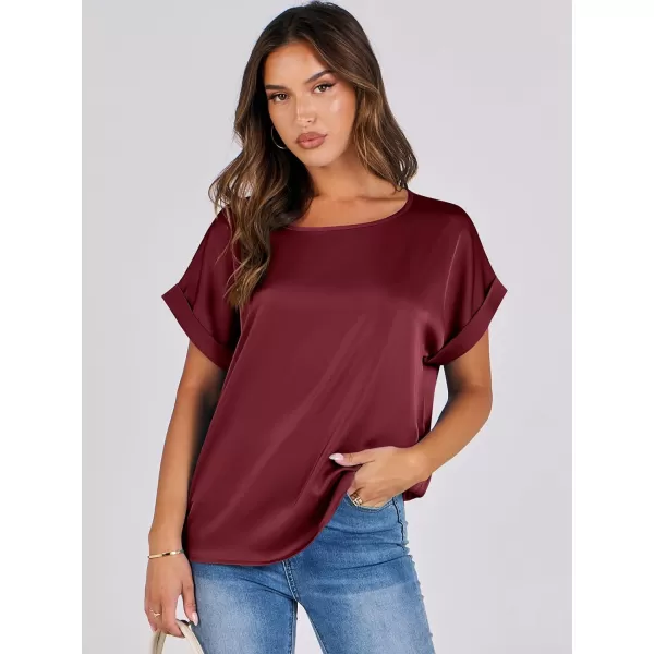 imageANRABESS Womens Casual Crewneck Short Sleeve Satin Blouses Shirts Dressy Solid Business Tunic TopsWine Red