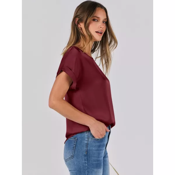 imageANRABESS Womens Casual Crewneck Short Sleeve Satin Blouses Shirts Dressy Solid Business Tunic TopsWine Red