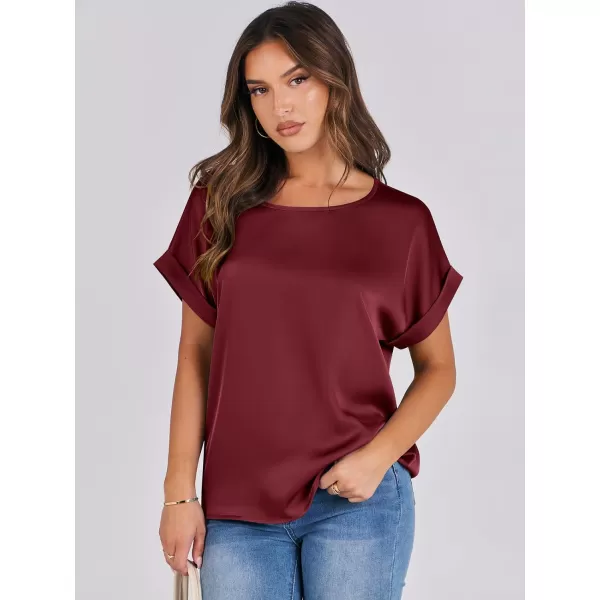 imageANRABESS Womens Casual Crewneck Short Sleeve Satin Blouses Shirts Dressy Solid Business Tunic TopsWine Red