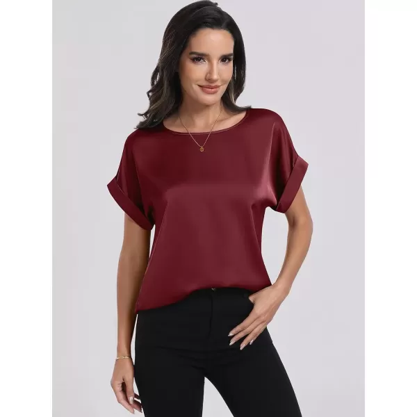 imageANRABESS Womens Casual Crewneck Short Sleeve Satin Blouses Shirts Dressy Solid Business Tunic TopsWine Red