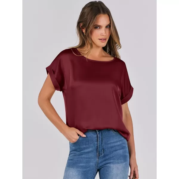 imageANRABESS Womens Casual Crewneck Short Sleeve Satin Blouses Shirts Dressy Solid Business Tunic TopsWine Red