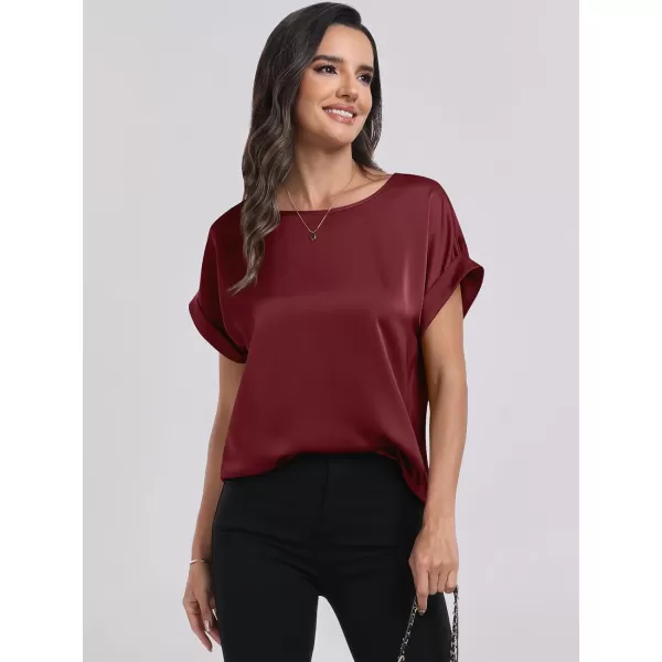 imageANRABESS Womens Casual Crewneck Short Sleeve Satin Blouses Shirts Dressy Solid Business Tunic TopsWine Red