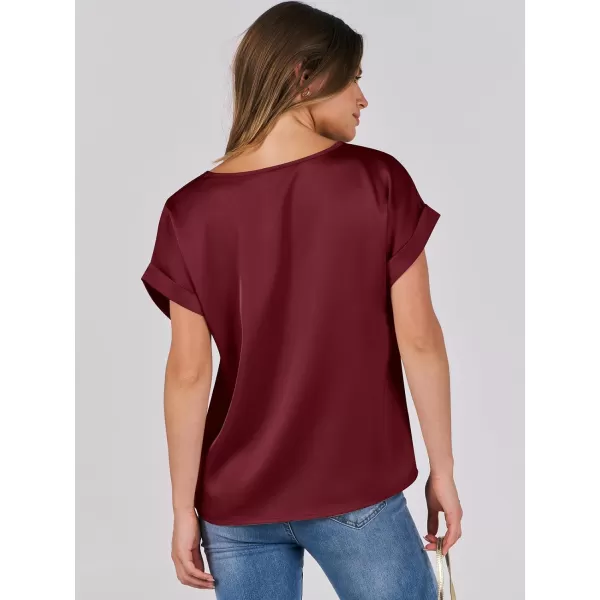 imageANRABESS Womens Casual Crewneck Short Sleeve Satin Blouses Shirts Dressy Solid Business Tunic TopsWine Red