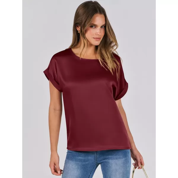 imageANRABESS Womens Casual Crewneck Short Sleeve Satin Blouses Shirts Dressy Solid Business Tunic TopsWine Red