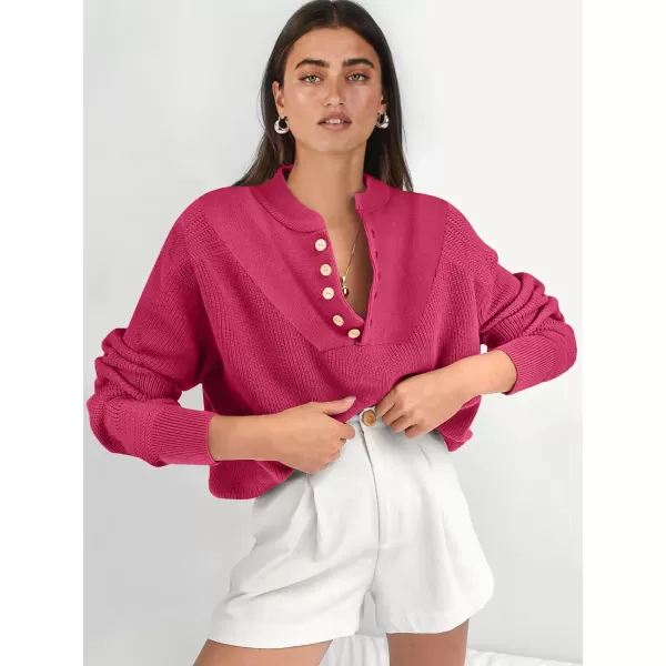 imageANRABESS Womens Casual Long Sleeve Buttons V Neck Oversized Knitted 2023 Fall Trendy Pullover SweatersPink