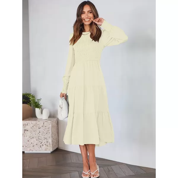 imageANRABESS Womens Casual Long Sleeve Crew Neck High Waist Smocked Flowy Tiered Midi DressAlmond